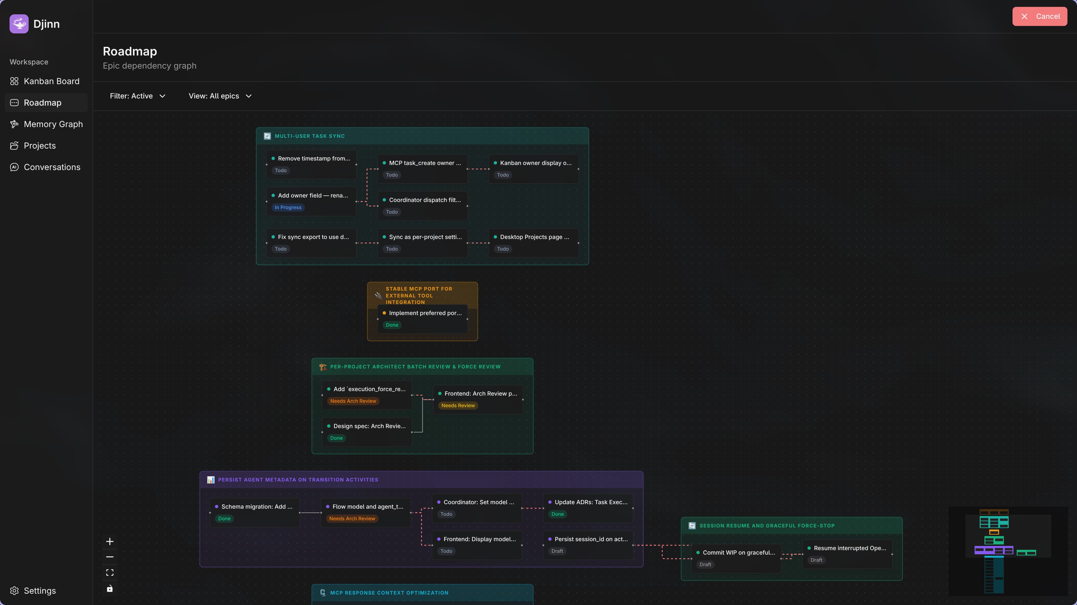 Djinn Roadmap — Epic dependency graph showing task organization across projects