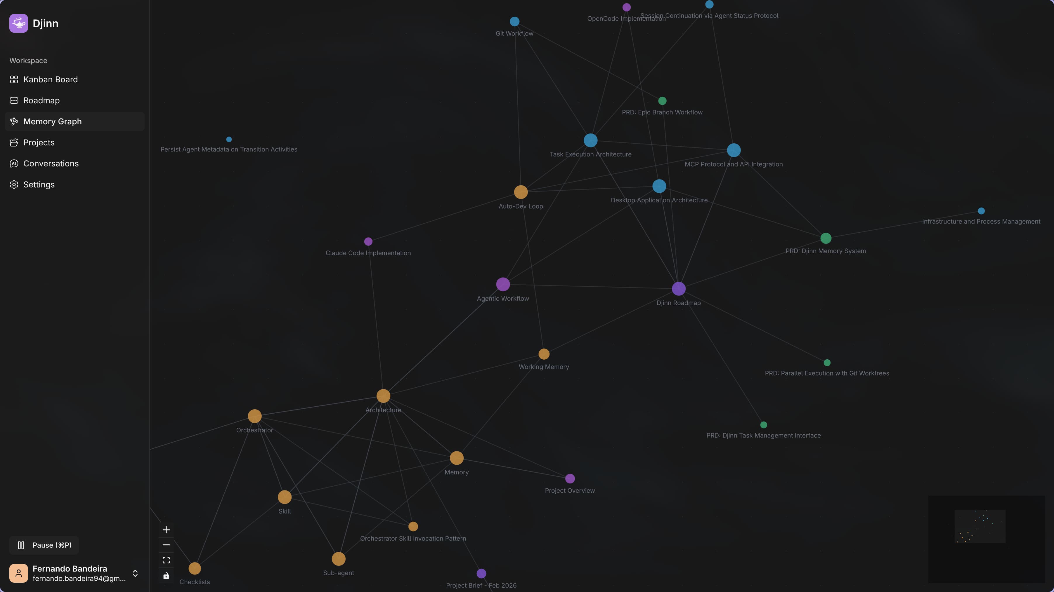 Djinn Memory Graph — Knowledge base visualization with connected decisions, patterns, and architecture notes